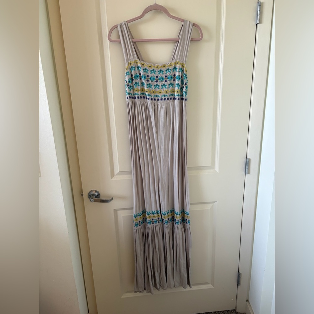 NATURAL LIFE Taupe flowy Jumpsuit with Teal Yellow Embroidery